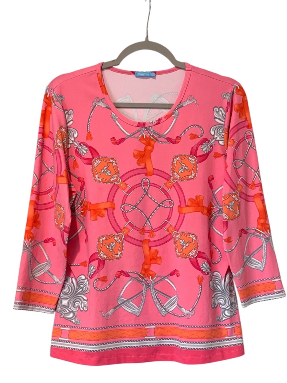 J. McLaughlin Catalina Cloth Equestrian Horse Top Pink 3/4 Sleeve Shirt Large L